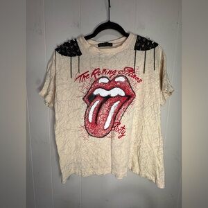 MXM Cream Rolling Stones Graphic Tee with Red Tongue and Black Stud Accents